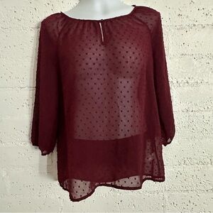 Old Navy Womens Top S Red Burgandy Sheer 3/4 Sleeve Swiss Dot F12